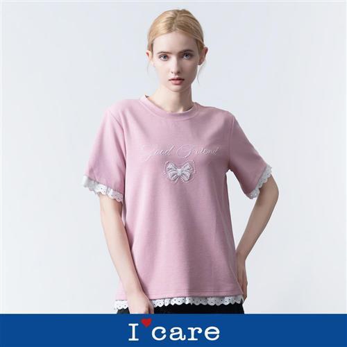 現貨【ICare 依卡】甜甜蕾絲滾邊蝴蝶結寬鬆T恤（F）｜女短袖上衣 女休閒上衣