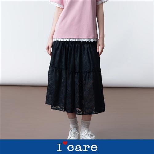 現貨【ICare 依卡】黑色蕾絲三層蛋糕中長裙（F）｜蕾絲裙 中長裙 休閒裙