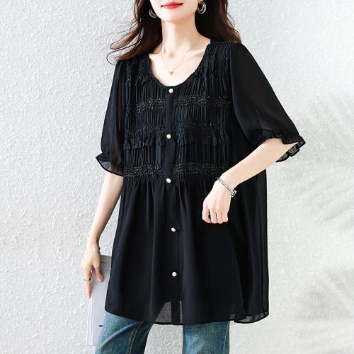 【ALLK 歐楷】新品 壓褶拼接上衣 黑色(尺寸L-XXL/中大尺碼/涼爽/透氣)