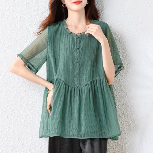 【ALLK 歐楷】新品 拼接雪紡衫上衣 淺綠色(尺寸L-XXL/中大尺碼/涼爽/透氣)