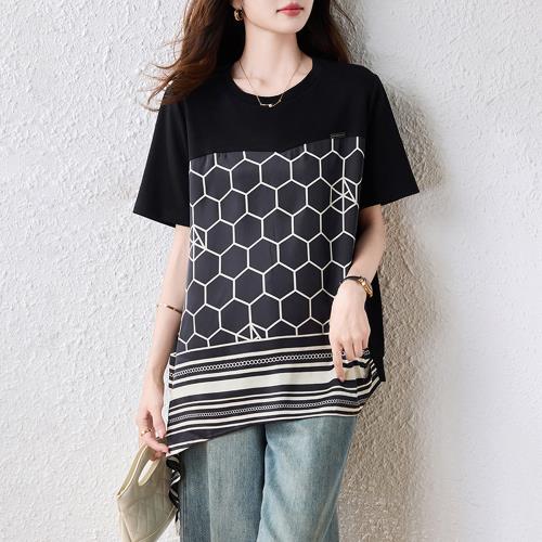 【ALLK 歐楷】新品 幾何印花上衣 黑色(尺寸L-XXL/中大尺碼/涼爽/透氣)