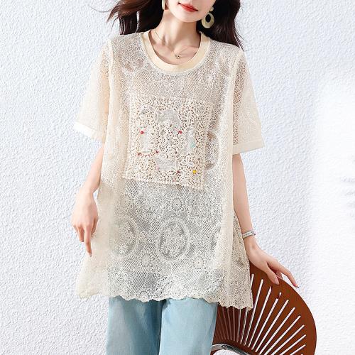 【ALLK 歐楷】新品 蕾絲釘珠上衣 米白色(尺寸L-XXL/中大尺碼/涼爽/透氣)