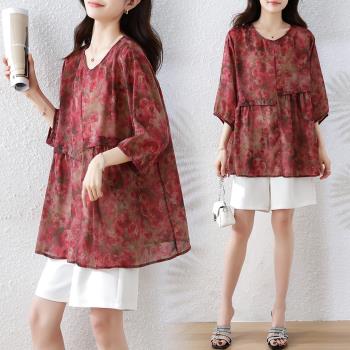 【ALLK 歐楷】新品 印花長版上衣 紅色(尺寸L-XXL/中大尺碼/涼爽/透氣)