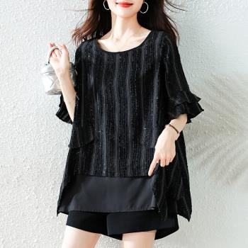 【ALLK 歐楷】新品 圓領拼接上衣 黑色(尺寸L-XXL/中大尺碼/涼爽/透氣)