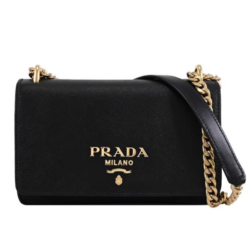 PRADA 1BD144 金屬浮雕LOGO防刮拼接翻蓋尼龍斜背包.黑/金