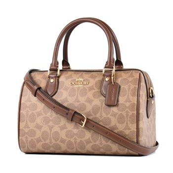 COACH 緹花LOGO防刮皮革手提/斜背二用波士頓包-棕褐