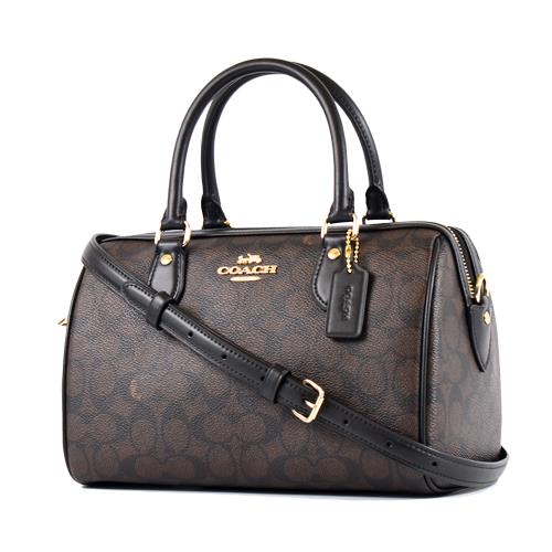 COACH 緹花LOGO防刮皮革手提/斜背二用波士頓包-咖啡色