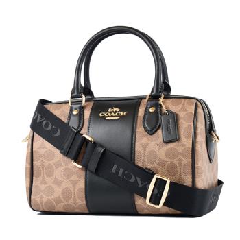 COACH 配色緹花LOGO防刮手提/斜背二用寬背帶波士頓包-卡其黑