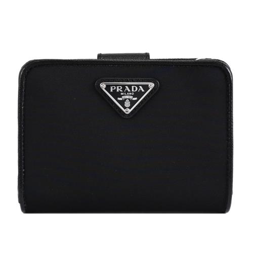 PRADA 1ML018 經典三角LOGO尼龍皮飾邊釦式短夾.黑/銀