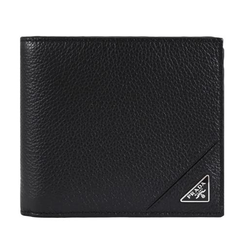 PRADA 2MO100 三角LOGO荔枝牛皮多卡夾層對開短夾.黑