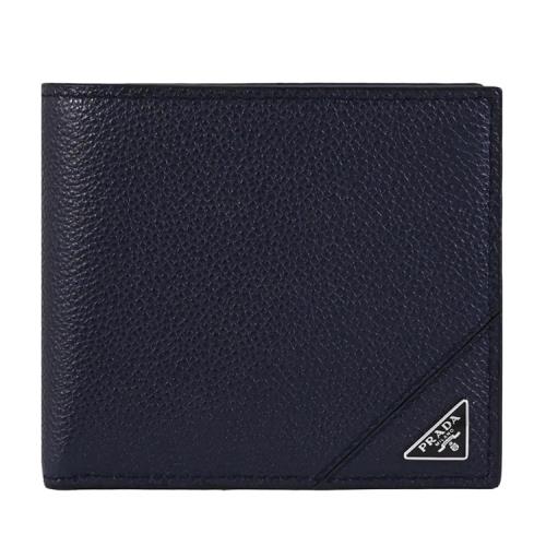 PRADA 2MO738 經典三角LOGO荔枝牛皮對開零錢短夾.藏藍