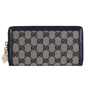 GUCCI 790035 Luce 滿版緹花LOGO皮革邊ㄇ字拉鍊長夾.深藍