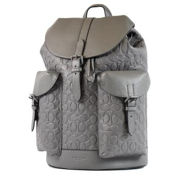 COACH 男款 Warner 壓印LOGO小牛皮束口翻蓋後揹包-灰色