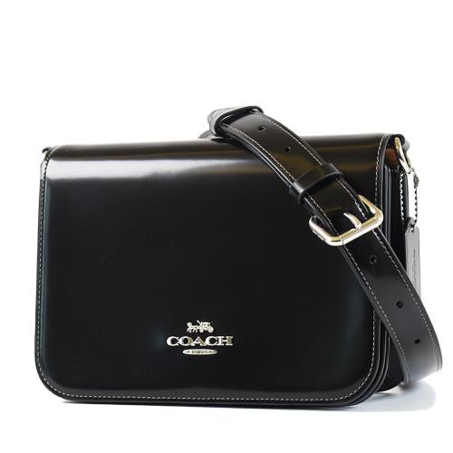 COACH Quinn 拋光亮面皮革翻蓋肩背/斜背二用包-黑色