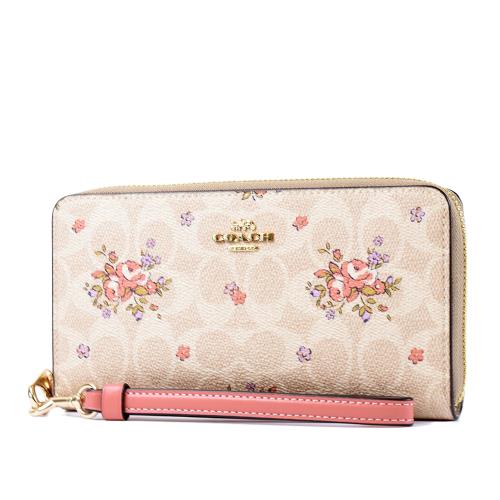 COACH 繁花緹花LOGO防刮手掛式拉鍊長夾-灰褐