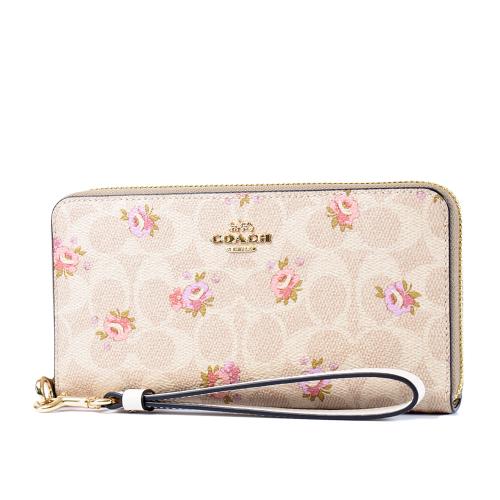 COACH 小碎花緹花LOGO防刮手掛式拉鍊長夾-灰褐