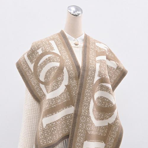 LOEWE 滿版緹花LOGO羊毛流蘇保暖披肩/長圍巾.淺褐色