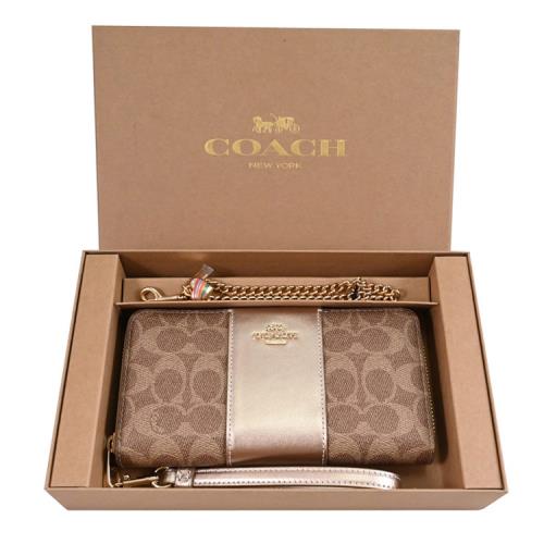 COACH CX178 經典印花款可替換手提ㄇ字拉鍊長夾禮盒組.駝/金