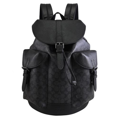 COACH CW211 Warner 滿版經典印花翻蓋束口大後背包.黑/灰