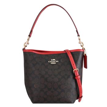 COACH CT800 滿版印花LOGO皮革兩用小號水桶包.深咖/紅