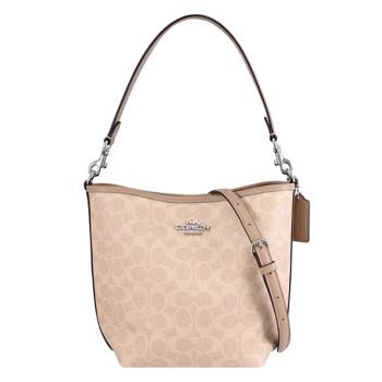 COACH CT800 滿版印花LOGO皮革兩用小號水桶包.卡其/淺褐