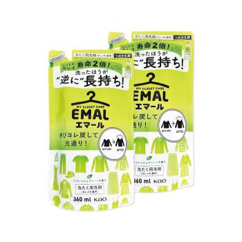 (2袋超值組)日本KAO花王-EMAL精緻衣物護色香氛防縮抗褶皺洗衣精補充包360ml/袋-植物清香(黃)(衣物柔軟芳香除悶臭,滾筒/直立式皆適用)