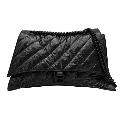 二手品 Balenciaga Crush 全黑絎縫牛皮沙漏鏈帶斜背包-大(716332-黑)