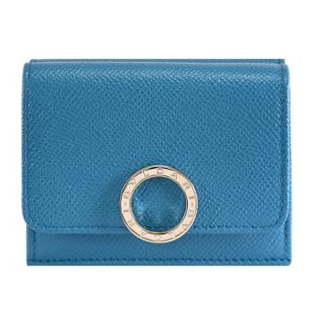 BVLGARI 寶格麗 289979 金屬圓釦LOGO牛皮三折小短夾.藍綠色