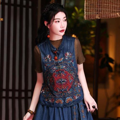 【米蘭精品】現貨+預購 新中式女牛仔背心單寧外套夾克-重工刺繡盤扣修身女外套74ku23