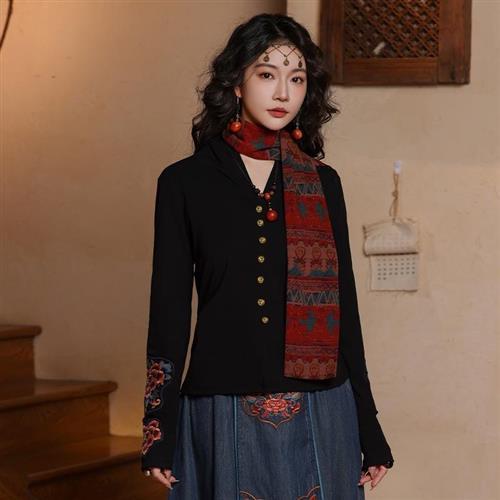 【米蘭精品】現貨+預購 新中式T恤長袖上衣-民族風重磅刺繡內搭女裝74ku5