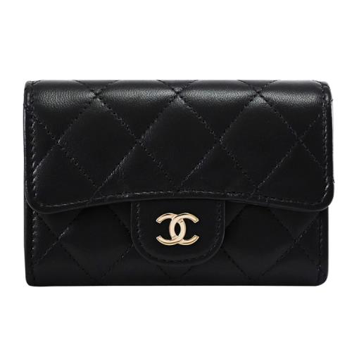 CHANEL AP4096 雙C LOGO小羊皮翻蓋扣式零錢卡包.黑/淡金