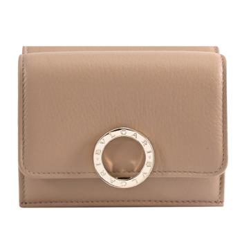 BVLGARI 寶格麗 291770 金屬圓釦LOGO牛皮三折小短夾.淺褐色