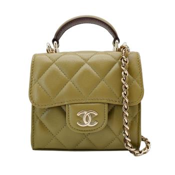 Chanel 金雙C菱格羊皮拚色迷你斜背二用包(AP2682-草綠)