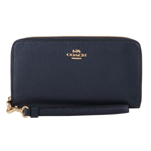 COACH-金馬車荔枝紋皮革掛帶拉鍊長夾(海軍藍)