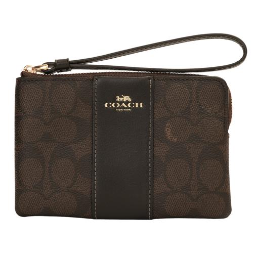 COACH-烙印馬車滿版PVC皮革 L型拉鍊手拿包(可可棕x黑槓)