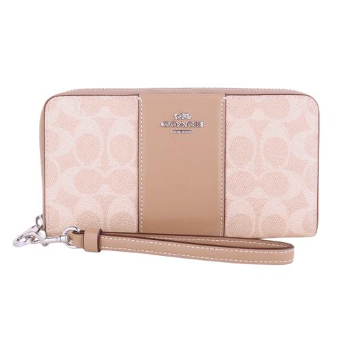 COACH-金屬馬車防刮皮革掛帶拉鍊長夾(淺卡其x膚)