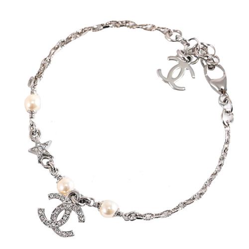 CHANEL ABF745 經典水鑽款CC LOGO星星綴飾珠珠手鍊.銀