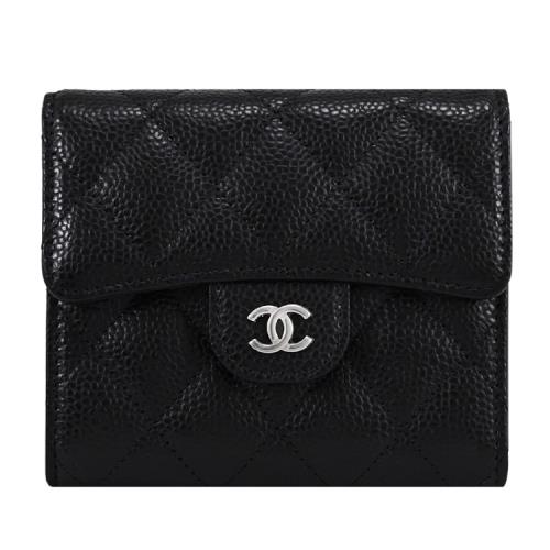 CHANEL AP0231 經典雙C LOGO菱格荔枝牛皮三折短夾.黑銀