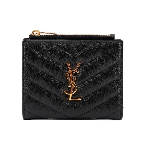 YSL 山形紋荔枝皮金字logo暗釦短夾(黑色)
