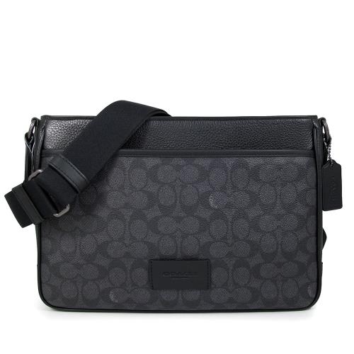 COACH 黑色防刮LOGO拼接荔枝紋皮革大斜背包(男款)