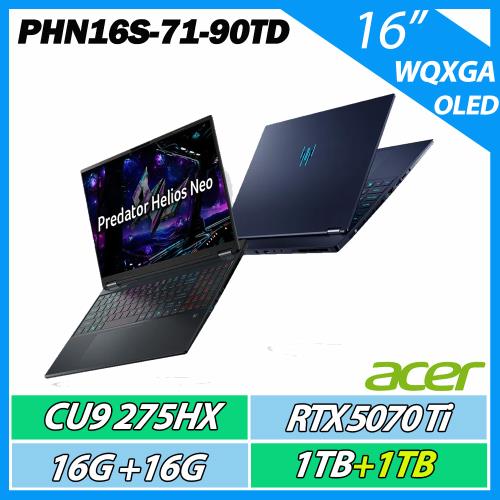 特仕升規ACER 宏碁PHN16S-71-90TD黑(Ultra9 275HX/32G/1TB+1TB/RTX5070Ti-12G/WIN11/16)