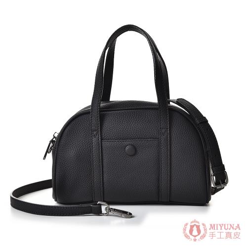 【MIYUNA米友娜】真皮頭層牛皮Githa半圓小保齡球包手提斜背包-經典黑