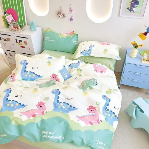 台灣製 精梳純棉 雙人床包被套四件組-頑皮恐龍