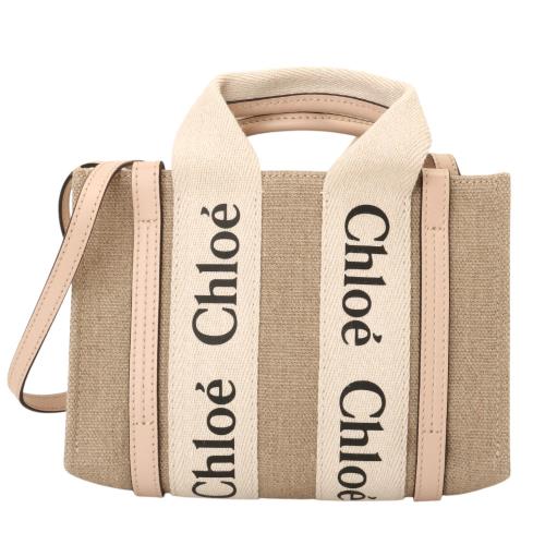 CHLOE-WOODY 條槓字母LOGO帆布托特包(米x粉邊)min 款