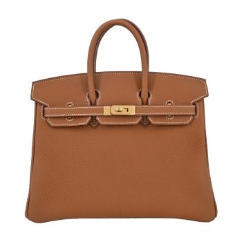Hermes 愛馬仕 Birkin 25CM 37 W刻 TOGO 牛皮手提/肩背柏金包(37金棕/金釦)