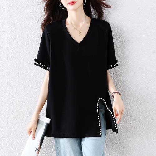 【LANNI 藍尼】★釘珠滾邊V領上衣(女上衣/休閒/短袖/T恤)