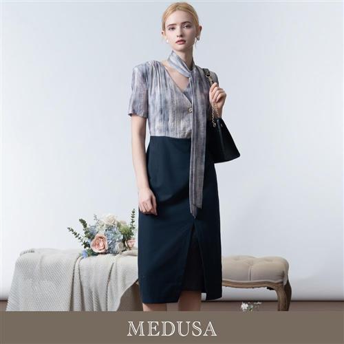 現貨【MEDUSA 曼度莎】都會渲染正裝長洋裝（附領巾）（M-XL）｜上班穿搭 氣質洋裝 OL洋裝