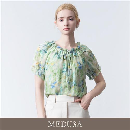 現貨【MEDUSA 曼度莎】綠意水彩荷葉領雪紡上衣（M-2L）｜女短袖上衣 上班雪紡穿搭 女休閒上衣