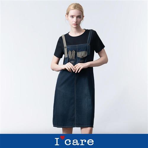 現貨【ICare 依卡】兔耳朵假兩件拼布牛仔吊帶裙（M-L）｜休閒洋裝 牛仔洋裝