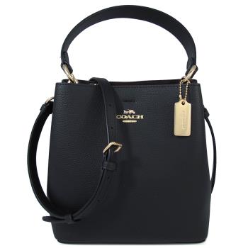 COACH 馬車LOGO黑色荔枝紋牛皮兩用水桶包(小)
